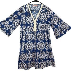 Saiph Lab Italy Women's Tiered Bell Sleeve Santorini Mini Dress White Blue L